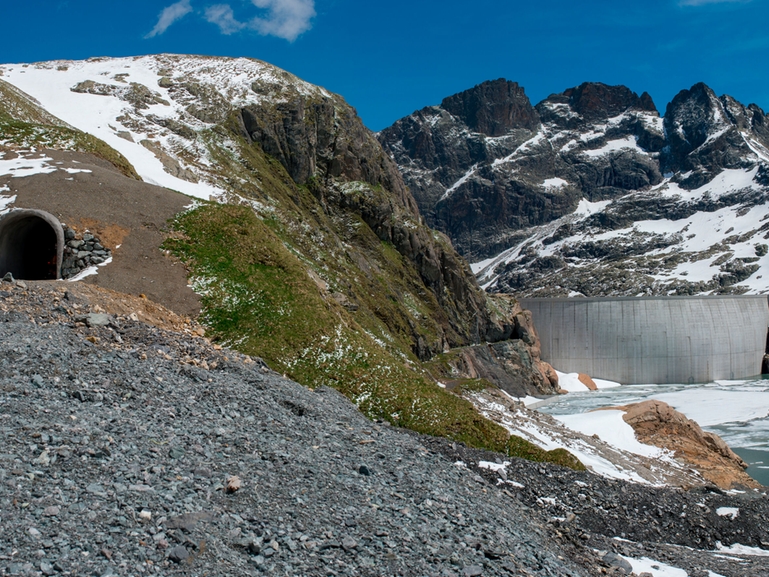 High mountains dual reservoir system in the Swiss high country High mountains dual reservoir system in the Swiss high country