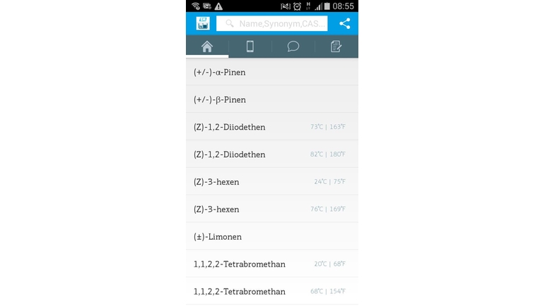 Captura de pantalla de la App de Constantes Dieléctricas (CD) - imagen de la lista