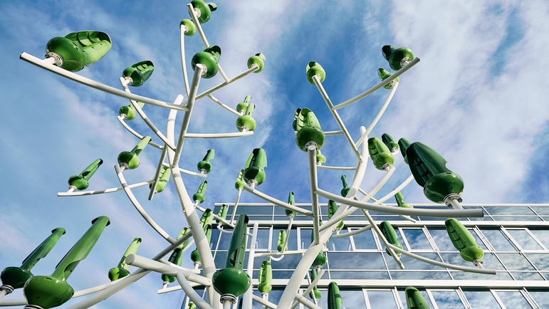 Un 'árbol de viento' con turbinas diminutas genera energía verde.