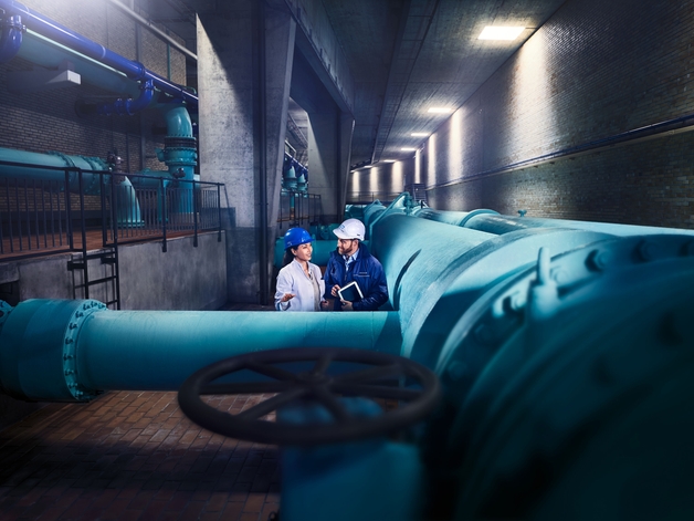 Dos ingenieros junto a una tubería de agua potable.