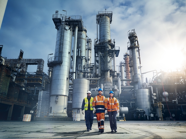 Tres ingenieros caminan por una refinería.