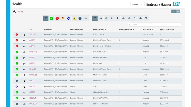 Asset Health Monitor permite filtrar fácilmente por estado, etiqueta, tipo de dispositivo, proveedor o ubicación.