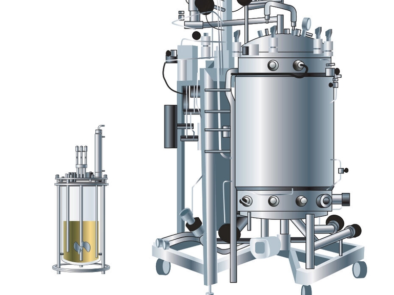 Biorreactor a escala de desarrollo de procesos y biorreactor a escala de producción para la industria de las ciencias de la vida Ilustraciones que muestran un biorreactor de escala de desarrollo de procesos y un biorreactor de escala de producción